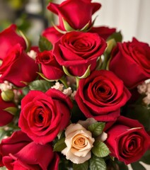 Luxurious red rose blooms arranged as a centerpiece, detail, red flower, red