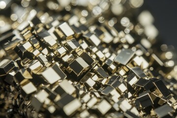 Intricate arrangement of metallic gold cubes captured in close-up showing reflections and textures in a studio setting