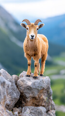Young mountain goat standing on a rocky outcrop in the Alps