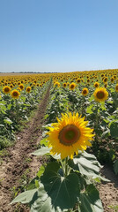 Obraz premium Sunflower field under a clear blue sky, bright yellow petals swaying in the breeze