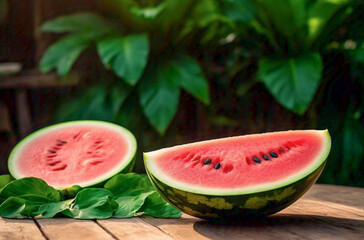A watermelon cut into two pieces on a wooden table