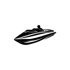 A black and white vector silhouette of a jet boat in motion with waves trailing behind on a white background
