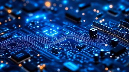 A macro closeup reveals the intricate green circuitry of an electronic computer board, showcasing its digital chip technology and vital hardware components