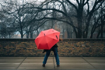 Obraz premium Person with a red umbrella standing on a damp sidewalk surrounded by bare trees on a cloudy day