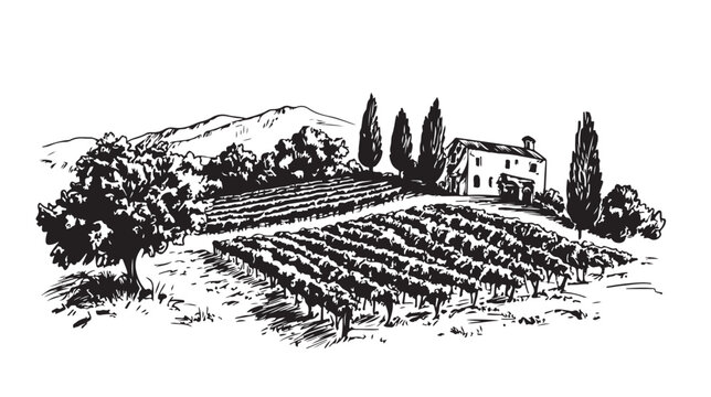 Vineyard landscape sketch. Hand-drawn vintage vector illustration. 