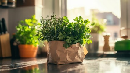 Fresh Herbs in a Brown Paper Bag on a Kitchen Counter