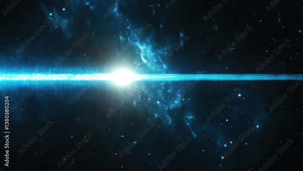 Poster a blue laser beam is coming from the left side of the frame, shining in space with stars and nebulae