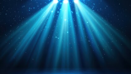 Dark blue background with a beam of light and stars, a spotlight on the stage for a presentation or concert.