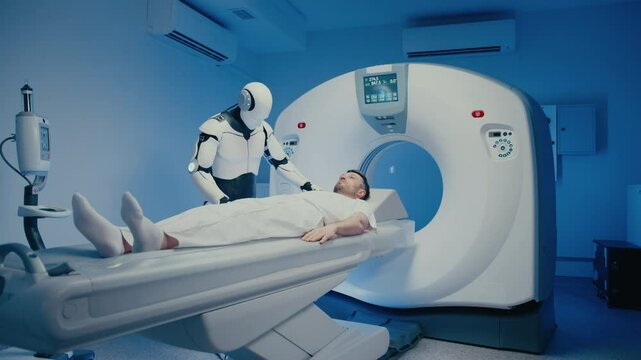 Caucasian patient resting on scanner table staring upward while humanoid robot checking position before diagnostic test. Robotic healthcare unit adjusting alignment and preparing medical examination.