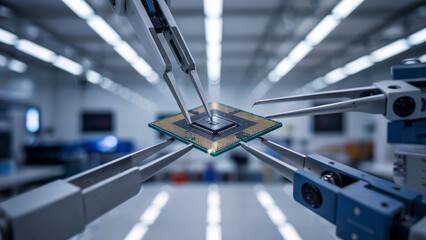 Advanced Microchip Testing with Robotic Precision. Robotic arms perform precision testing on a high-tech microchip, part of a semiconductor manufacturing process in a cleanroom environment.