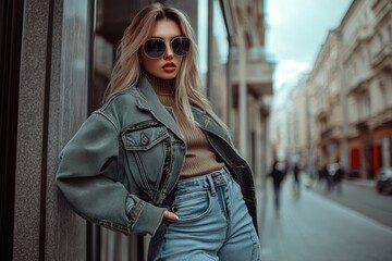 Obraz premium Trendy young woman poses confidently on urban street in stylish casual outfit