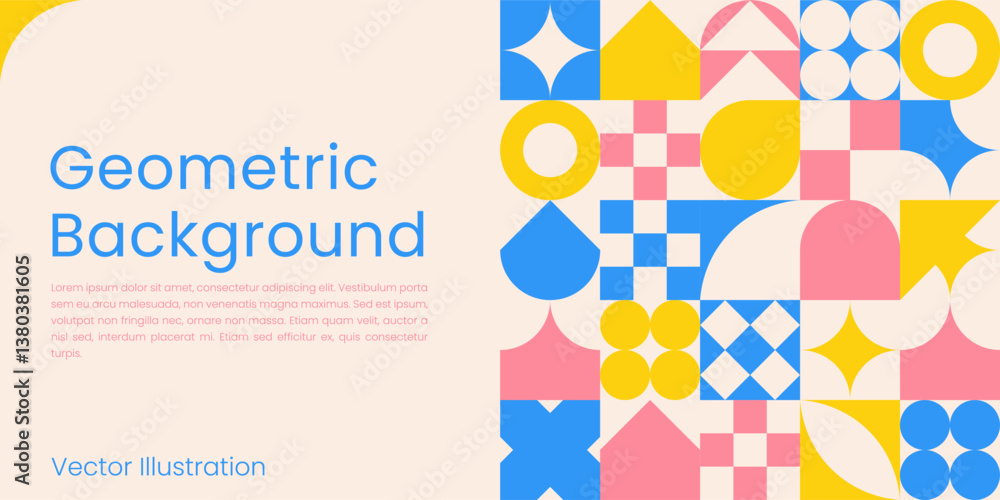 Poster Geometric Abstract Design. Colorful Background of simple Geometric Shapes with Copy Space in Swiss style for Banner, Flyer, Cards, Presentation, Website Design, Landing. Vector template.