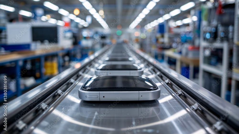 Leinwandbilder automated electronics assembly line. electronic devices move along an automated conveyor belt in a m