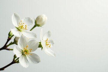 Delicate white blossoms against pure white backdrop, nature, texture