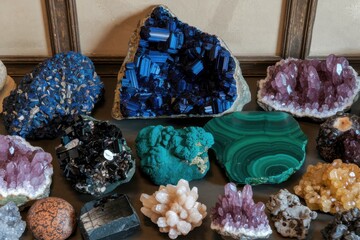 Colorful collection of minerals and crystals displayed on a dark surface showcasing unique textures and formations