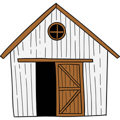 Farm theme, Illustration of a wooden barn with a round window and a sliding door.