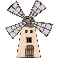 Farm theme, Windmill illustration with large sails and a round top, set against a simple background.