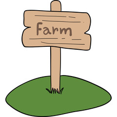 Farm theme, Wooden farm sign on a grassy plot, indicating a rural setting.