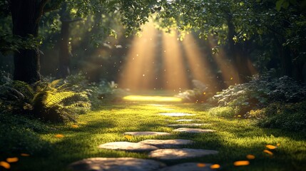 Obraz premium Sunlit path through lush woodland with dappled light and stone walkway