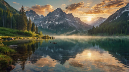 Serene Mountain Landscape with Reflective Lake at Sunrise or Sunset