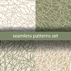 Seamless abstract patterns set, intertwining lines, green and beige  background. Dynamic, chaotic design, modern, energetic scratches, artistic scribbles, free hand, continued lines ink drawing style.