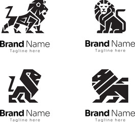 Set of geometric lion logo designs featuring bold and angular shapes, wildlife logo, minimal and modern lion logos vector illustration
