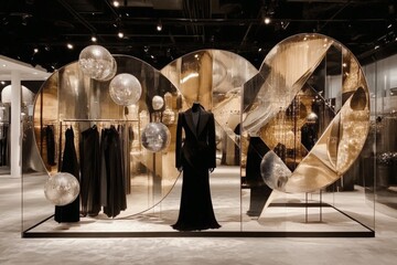 Elegant black evening gowns in luxury fashion boutique display with metallic accents