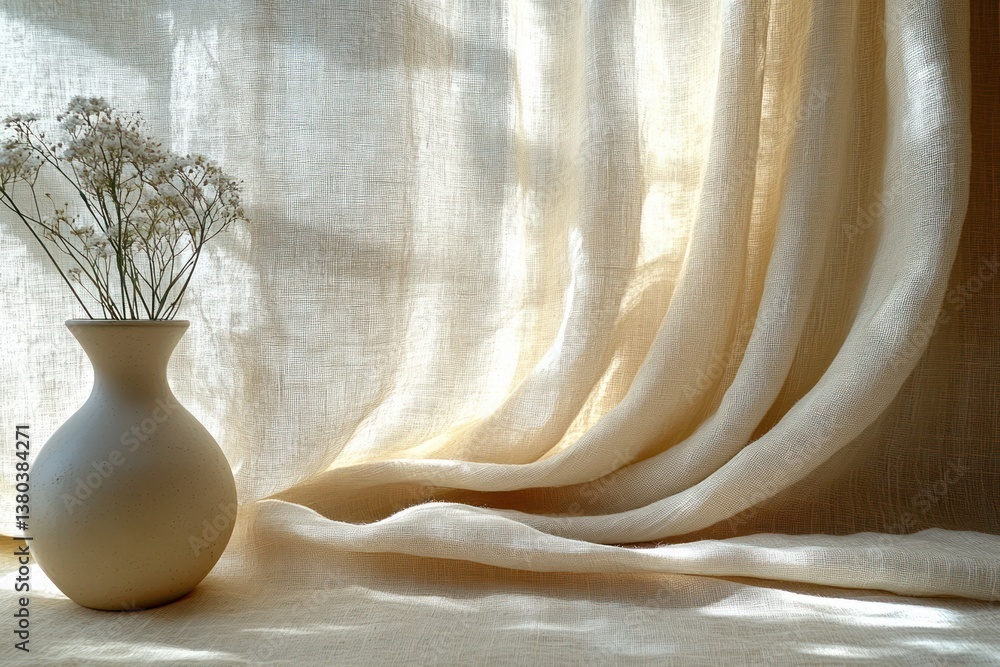 Poster minimalist off-white linen fabric textured background with soft natural lighting and subtle lines fo