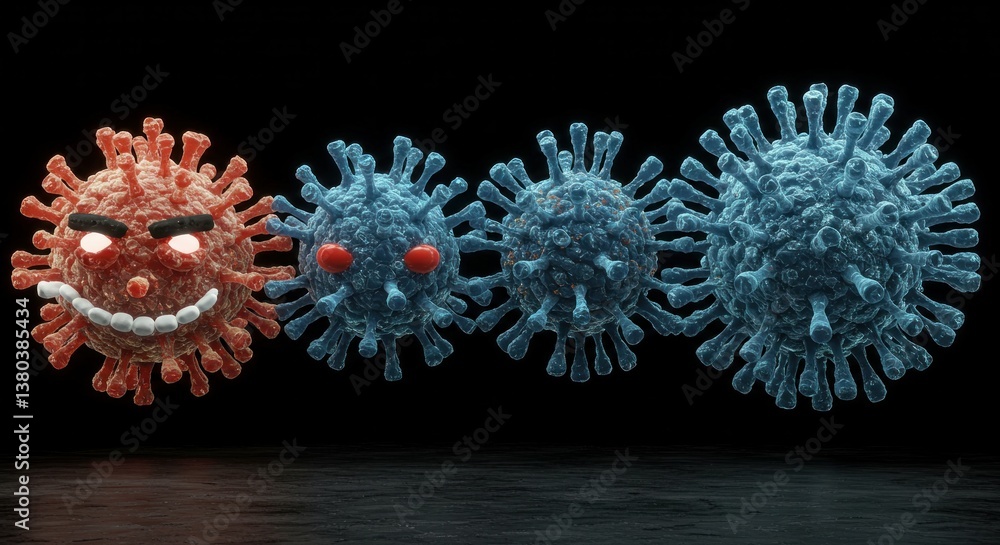 Aufkleber 3d rendering of red and blue microorganisms on dark background