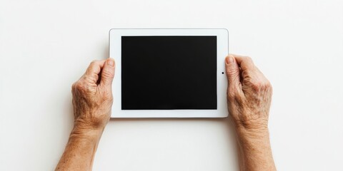 Close up of elderly hands holding tablet for digital interaction and connectivity