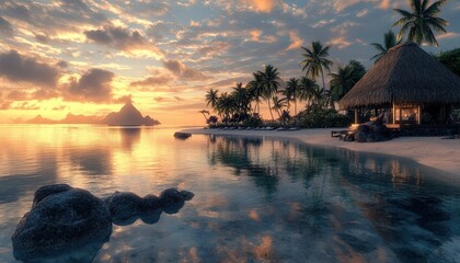 A luxurious resort on the beach of  sunset, with an infinity pool overlooking crystal-clear waters and palm trees swaying in the breeze