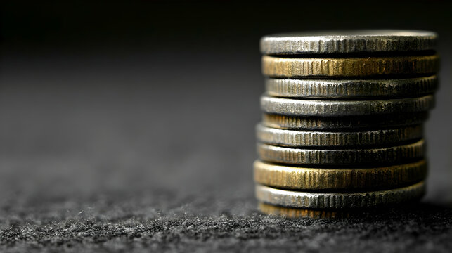 Stacked coins on dark surface, finance concept