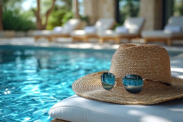 Relaxing Summer Vacation by the Pool with Straw Hat and Sunglasses on Lounger Under Parasol