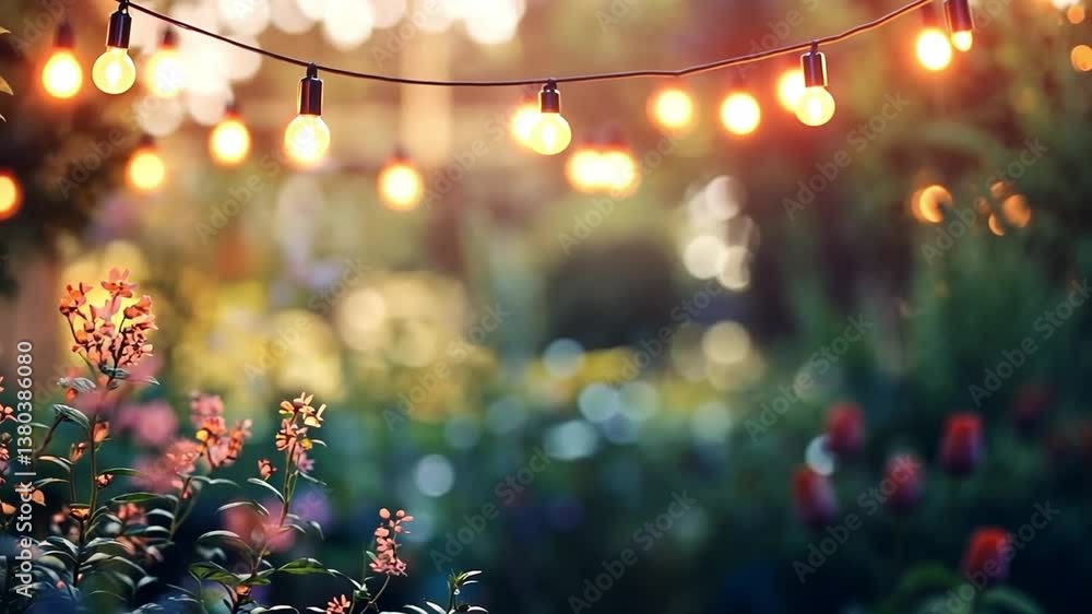 Poster a beautiful garden illuminated by glowing string lights. the soft bokeh effect creates a magical fee
