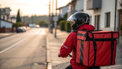 Delivery Driver on a Residential Street at Sunset Delivering Food with a Red Insulated Bag
