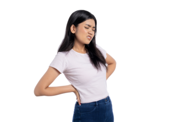Unhappy young Asian woman suffering from back pain, touching lower back with uncomfortable expression, isolated on transparent background