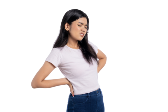 Unhappy young Asian woman suffering from back pain, touching lower back with uncomfortable expression, isolated on transparent background
