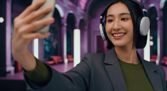 Asian female young adult enjoying music with headphones in stylish lounge - Powered by Adobe