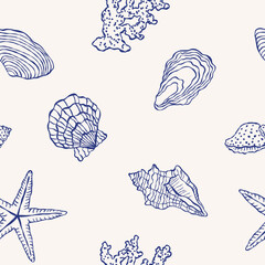 Seamless pattern with minimalistic blue seashells. Hand-drawn line art vector texture for textile, wallpaper and surface design.