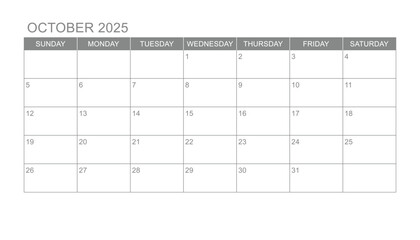 Classic monthly calendar for 2025. week starts on sunday. simple October 2025 calendar template. monthly planner design