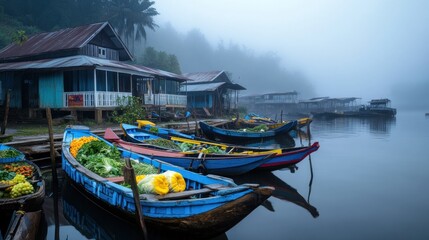 Obraz premium Wooden boats filled with produce are docked at lakeside buildings