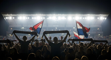 Silhouetted football fans cheer under bright stadium lights, creating an electric atmosphere.