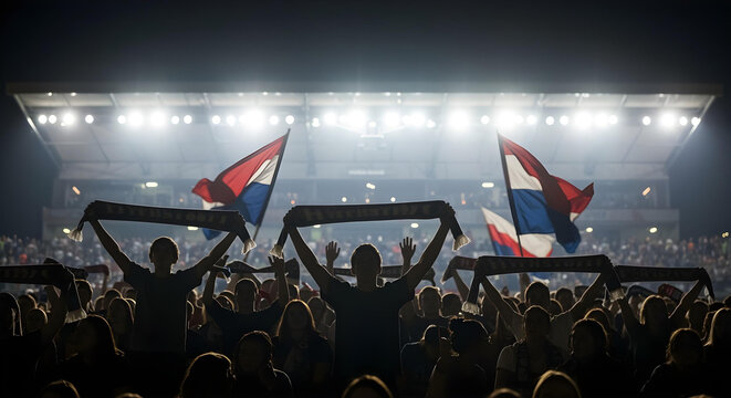 Silhouetted football fans cheer under bright stadium lights, creating an electric atmosphere.