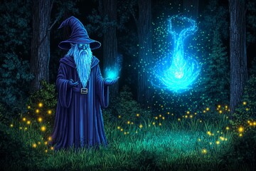 A pixel-art rendering of a wizard casting a glowing spell in a dark forest, with pixelated fireflies surrounding him