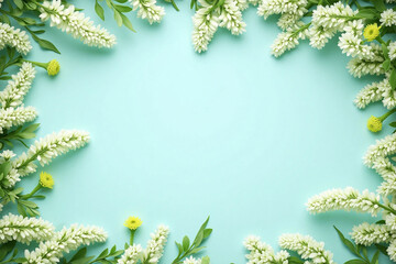 frame with white flowers and green leaves on a blue background