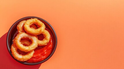 Crispy onion rings served with tangy dipping sauce on vibrant ba