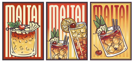 Mai tai cocktail glass on retro, vintage poster with ice and slice of orange, palm trees in background for design of surfing, tiki or beach bar menu. Alcohol cocktail set for drink party, summer bar
