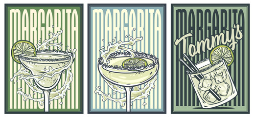 Margarita cocktail glass on retro, vintage poster with olive and splashes for design of surfing, tiki or beach bar menu. Martini alcohol cocktail set for drink party, summer vibes
