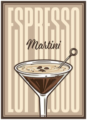 Martini espresso cocktail glass on retro poster with coffee beans for design of surfing, tiki or beach bar menu. ?offee martini or brown margarita alcohol cocktail for drink party, summer vibes