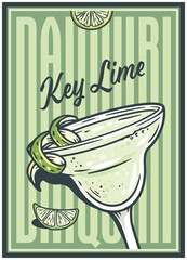 Daiquiri key lime or margarita cocktail glass on retro, vintage poster with olive and splashes for design of surfing, tiki or beach bar menu. Martini alcohol cocktail for drink party, summer vibes